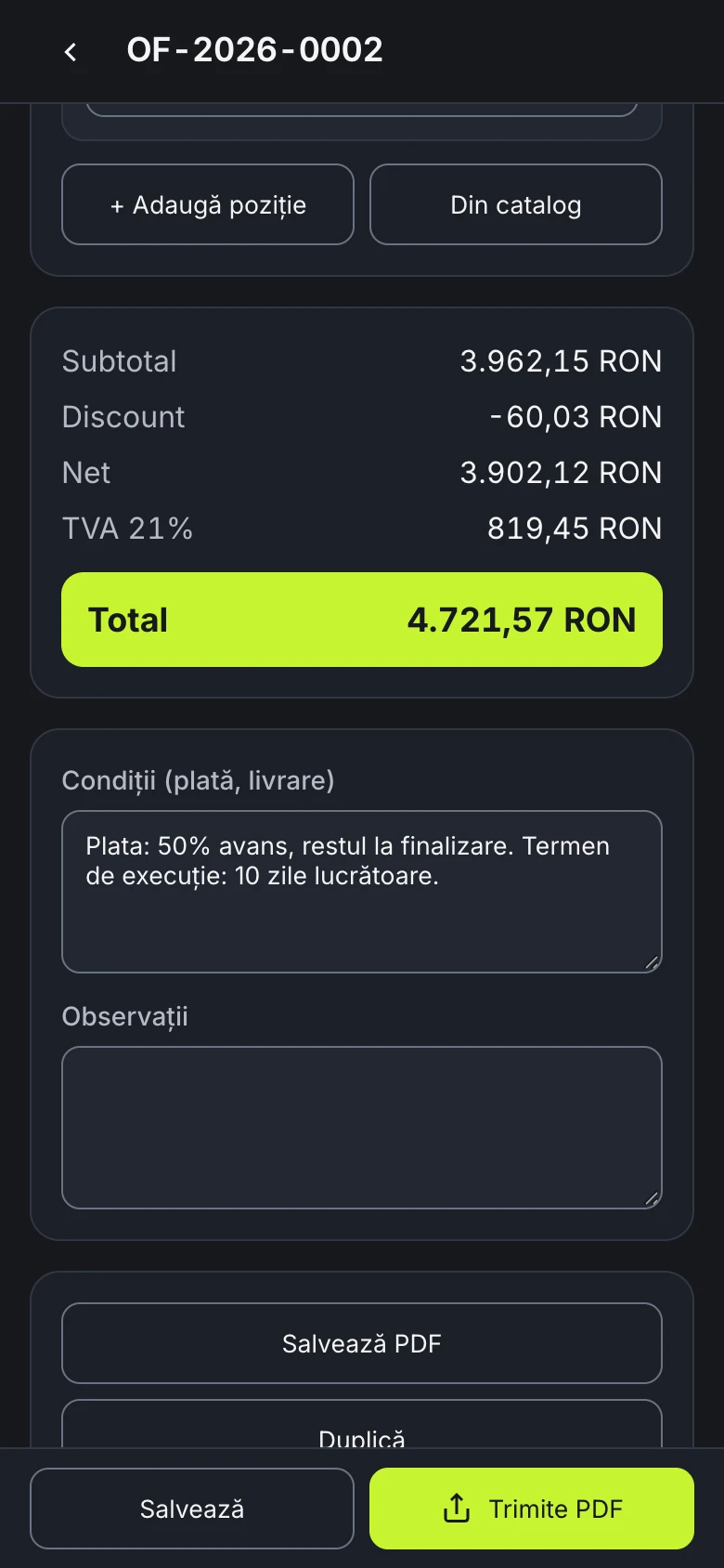 TAI Ofertă pe telefon: totalurile unei oferte de exemplu — subtotal 3.962,15 RON, discount, net, TVA 21% și totalul, 4.721,57 RON