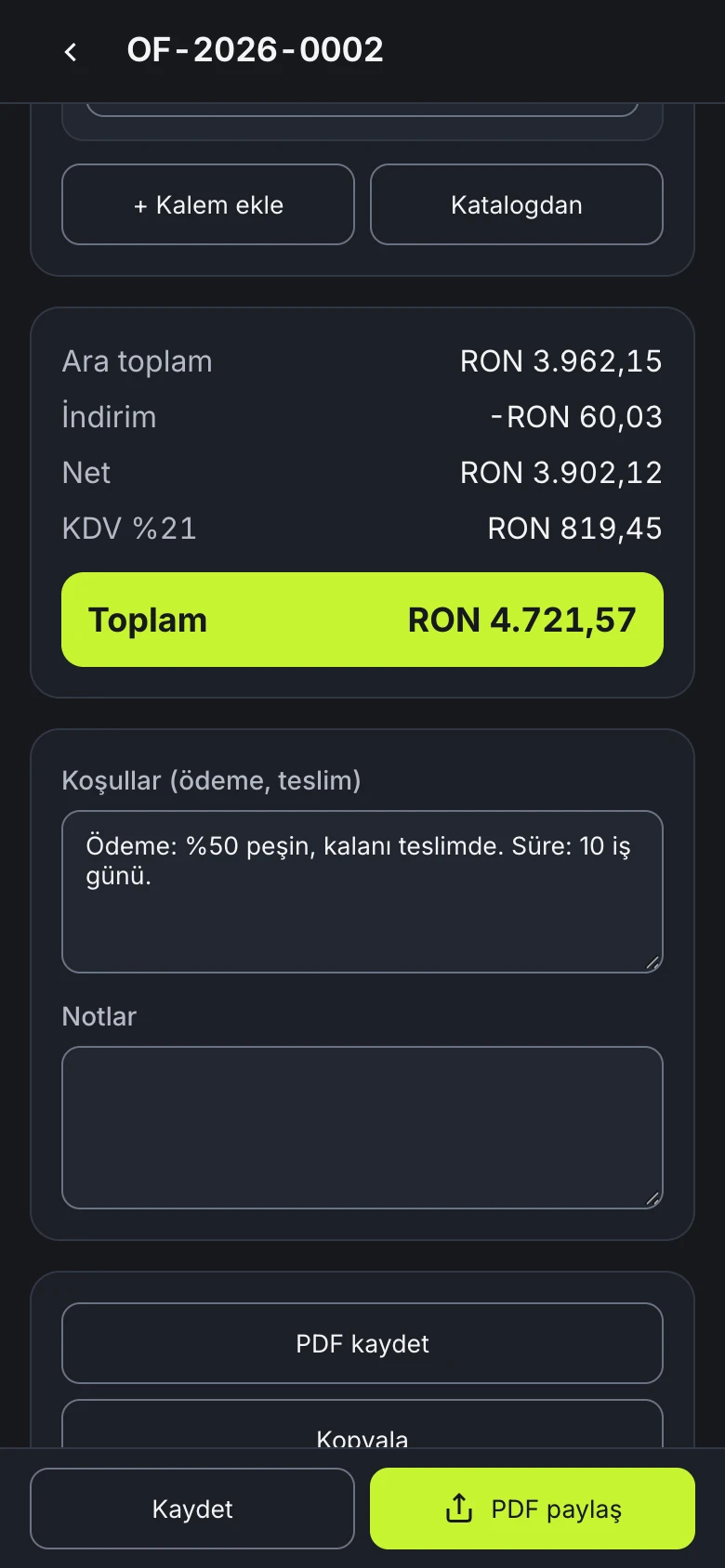 Telefonda TAI Teklif: örnek bir teklifin toplamları — ara toplam 3.962,15 RON, indirim, net, KDV %21 ve genel toplam 4.721,57 RON